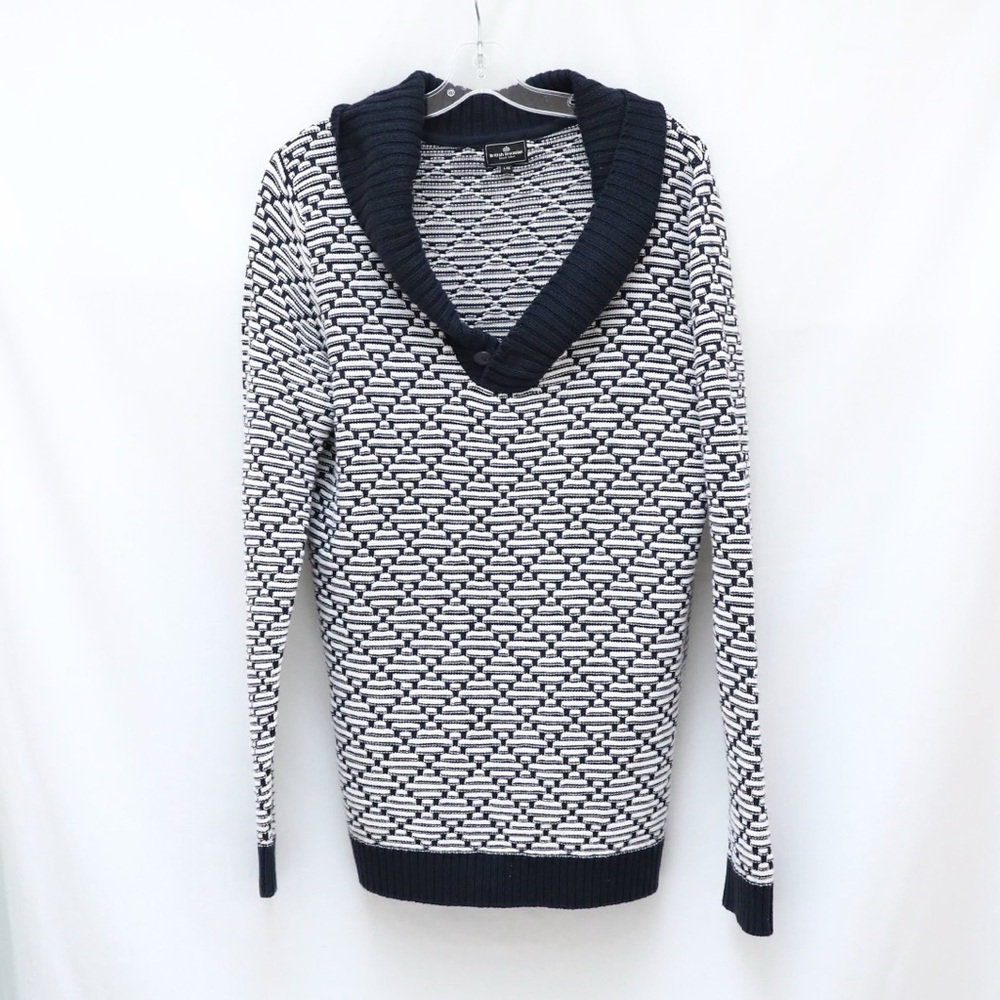 British Invasion men' sweater v-neck geometric print L large cotton navy blue